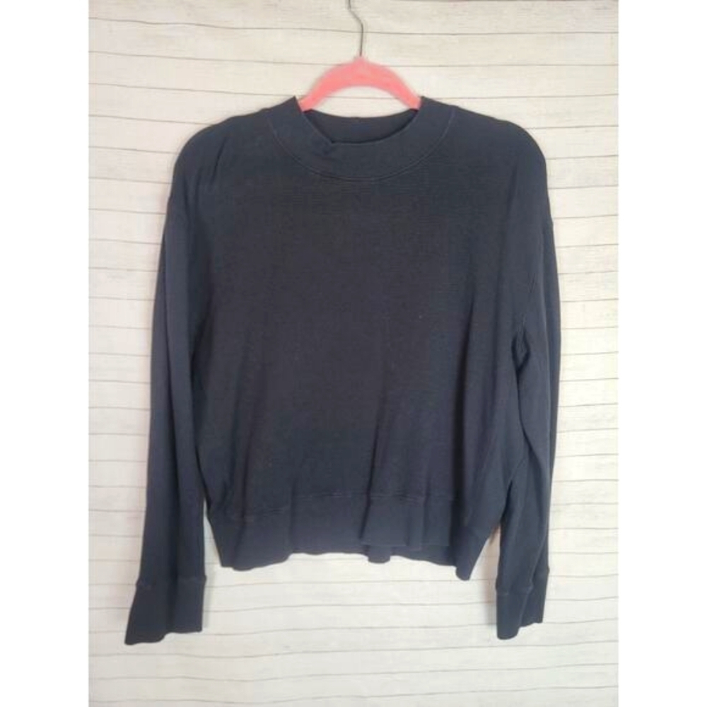 MONROW SUPER SOFT BOYFRIEND WAFFLE KNIT LONG SLEEVE IN BLACK, SZ LARGE